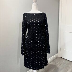 COTTON-BLEND BOAT NECK POLKA DOT RUCHED BELL SLEEVE MINI DRESS CURVE & PLUS